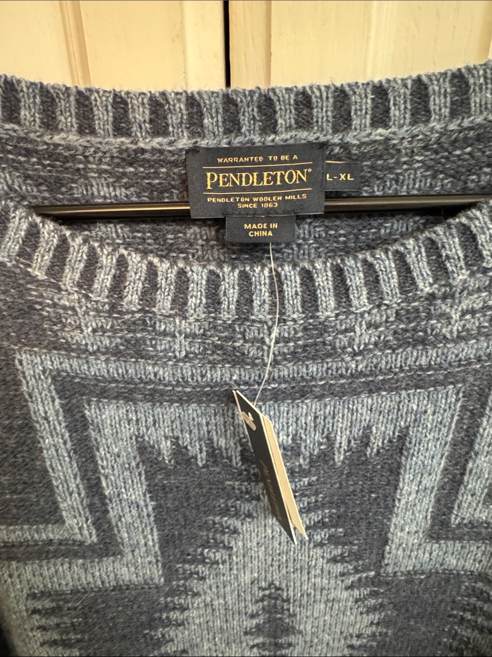 Pendleton Wool Blue Geometric Crewneck Sweater 3/4 sleeve size L-XL - Picture 2 of 7